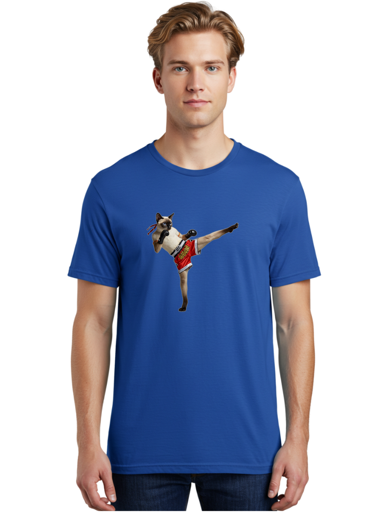 Cat-Kickboxing Men'S Graphic Tee, 100% Cotton, Comfortable Casual Summer Wear, Machine Washable, Siamese Cat Kickboxing, Anthropomorphic Cat, Boxing Gloves, Red Shorts, Martial Arts, Fighting Stance, Funny Animals, Cat Humor, Feline Antics, Bae402