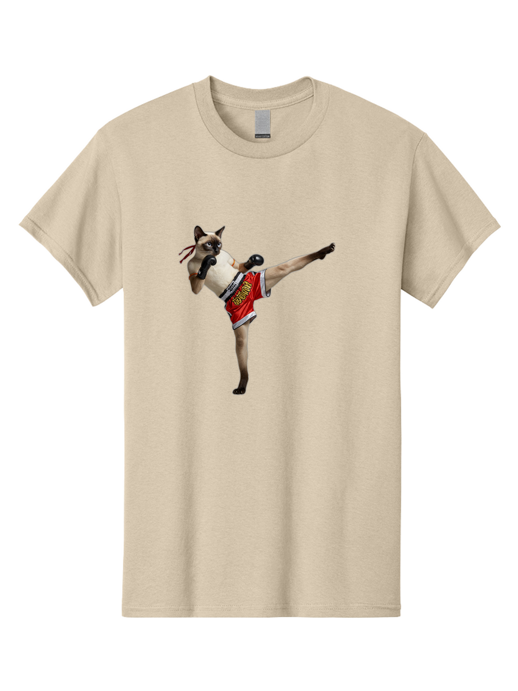 Cat-Kickboxing Men'S Graphic Tee, 100% Cotton, Comfortable Casual Summer Wear, Machine Washable, Siamese Cat Kickboxing, Anthropomorphic Cat, Boxing Gloves, Red Shorts, Martial Arts, Fighting Stance, Funny Animals, Cat Humor, Feline Antics, Bae402
