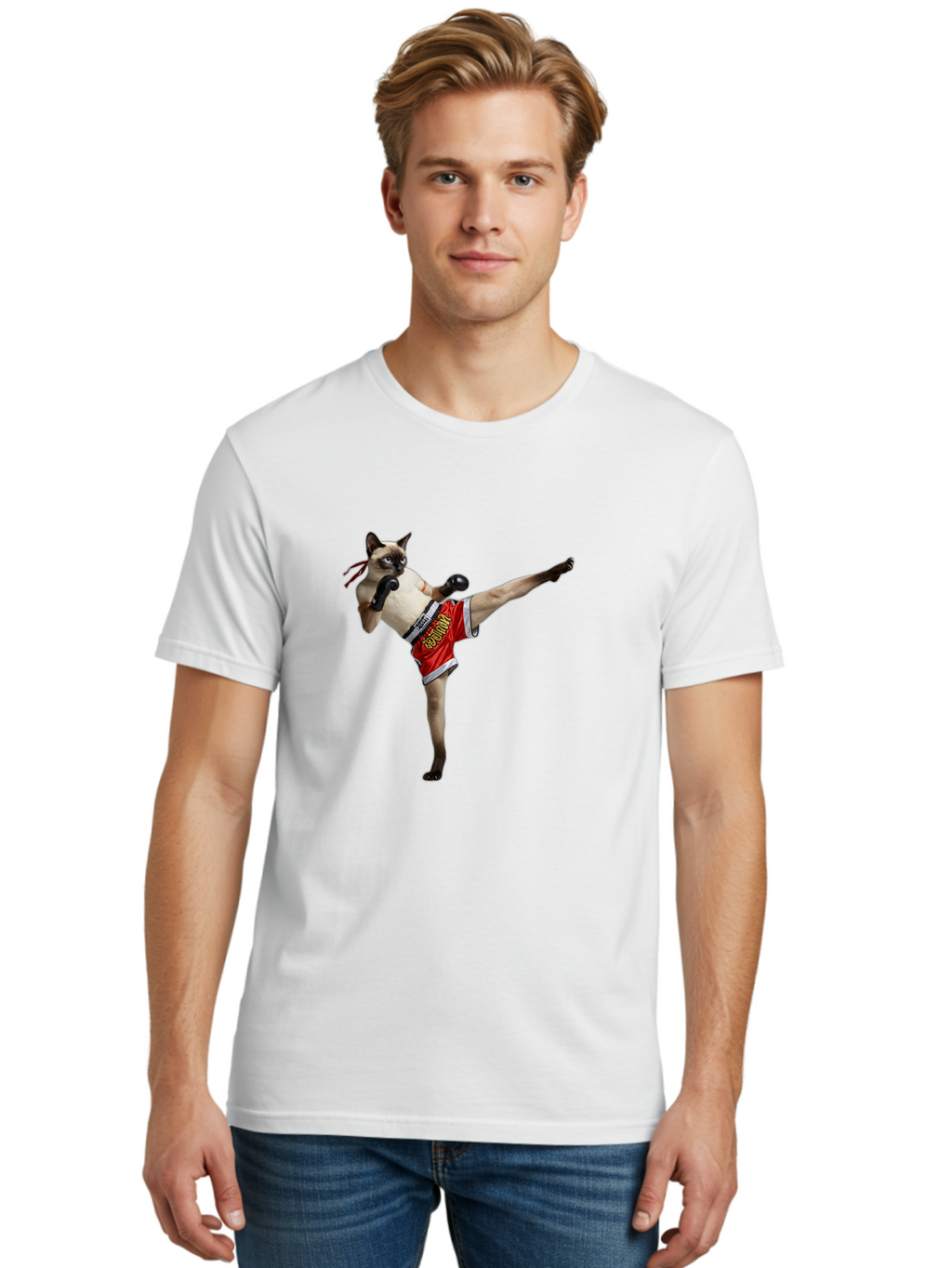 Cat-Kickboxing Men'S Graphic Tee, 100% Cotton, Comfortable Casual Summer Wear, Machine Washable, Siamese Cat Kickboxing, Anthropomorphic Cat, Boxing Gloves, Red Shorts, Martial Arts, Fighting Stance, Funny Animals, Cat Humor, Feline Antics, Bae402