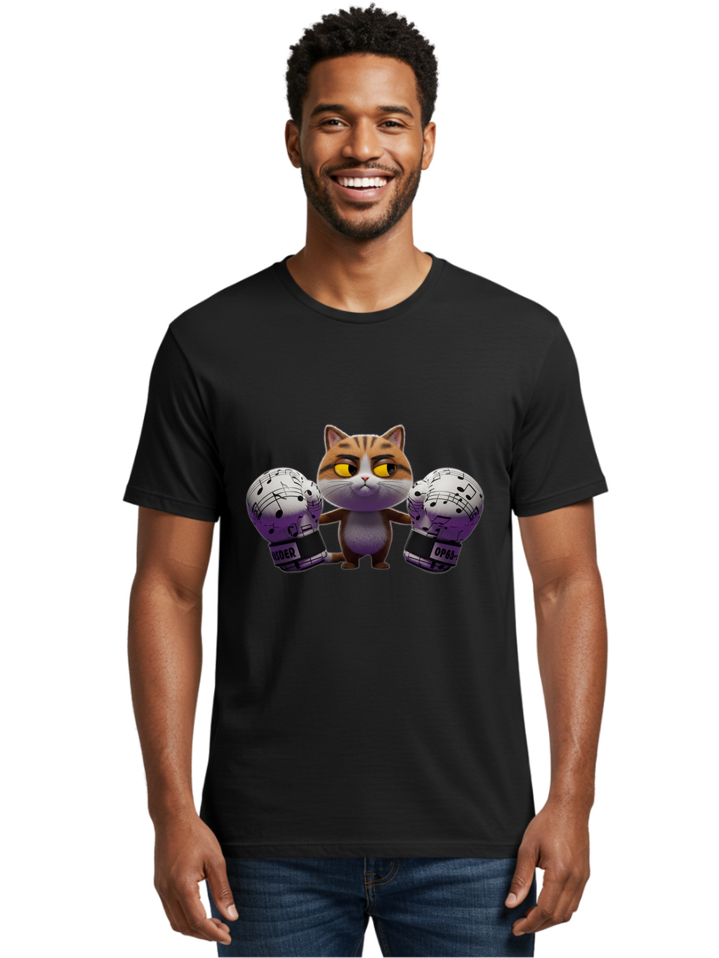 Cat-With-Boxing-Gloves Men'S Graphic Tee, 100% Cotton, Comfortable Casual Summer Wear, Machine Washable, Boxing Cat, Cartoon Style, Orange Tabby Cat, Musical Notes Gloves, Boxing Gloves, Cat With Gloves, Funny Cartoon, Opder Opponent, Bae403