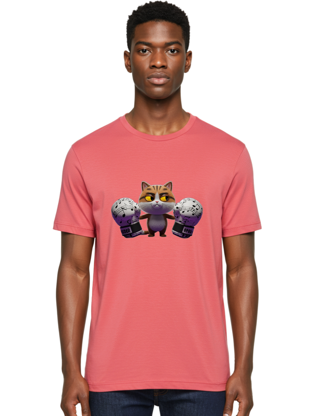 Cat-With-Boxing-Gloves Men'S Graphic Tee, 100% Cotton, Comfortable Casual Summer Wear, Machine Washable, Boxing Cat, Cartoon Style, Orange Tabby Cat, Musical Notes Gloves, Boxing Gloves, Cat With Gloves, Funny Cartoon, Opder Opponent, Bae403