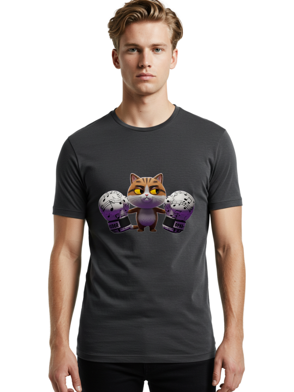 Cat-With-Boxing-Gloves Men'S Graphic Tee, 100% Cotton, Comfortable Casual Summer Wear, Machine Washable, Boxing Cat, Cartoon Style, Orange Tabby Cat, Musical Notes Gloves, Boxing Gloves, Cat With Gloves, Funny Cartoon, Opder Opponent, Bae403