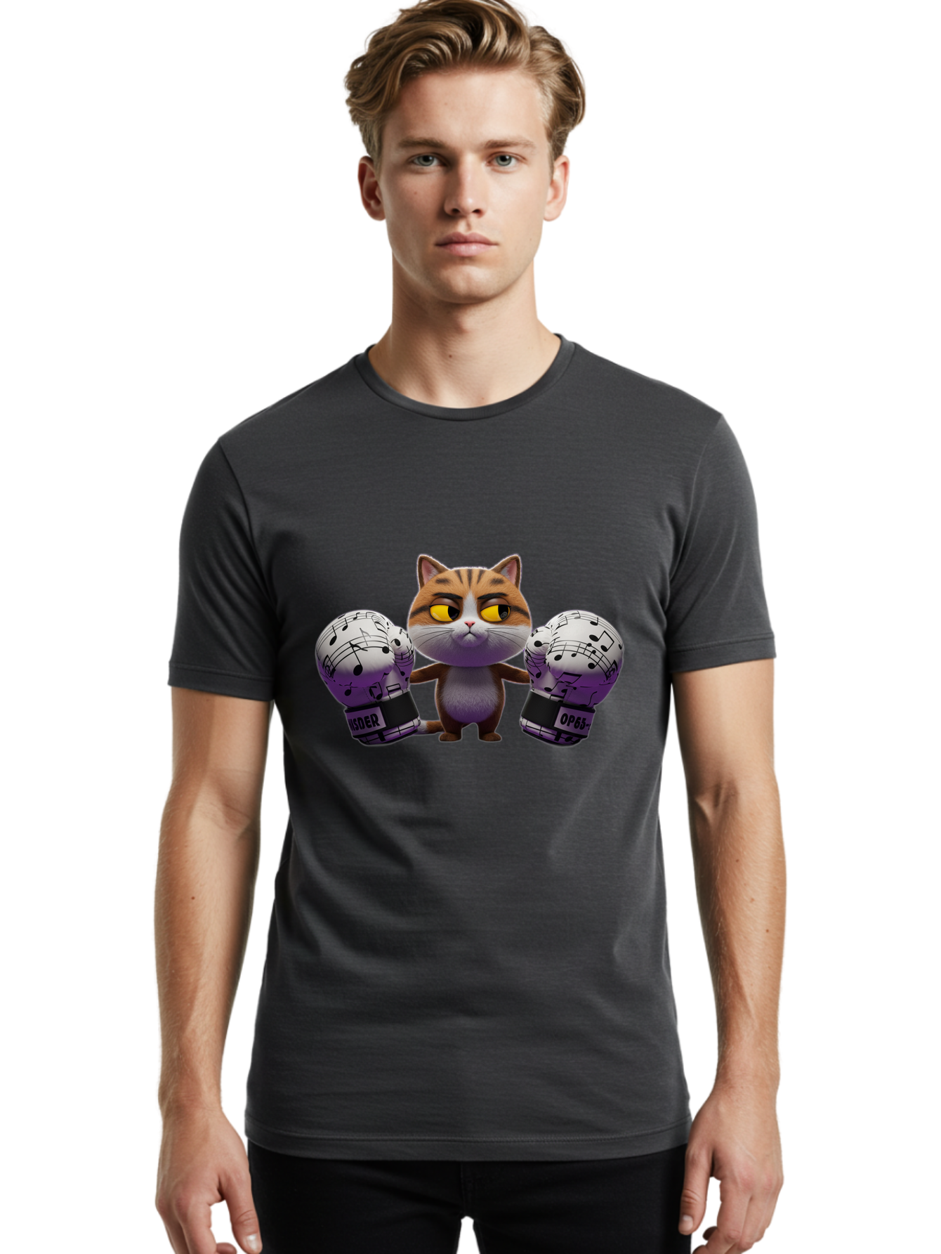 Cat-With-Boxing-Gloves Men'S Graphic Tee, 100% Cotton, Comfortable Casual Summer Wear, Machine Washable, Boxing Cat, Cartoon Style, Orange Tabby Cat, Musical Notes Gloves, Boxing Gloves, Cat With Gloves, Funny Cartoon, Opder Opponent, Bae403