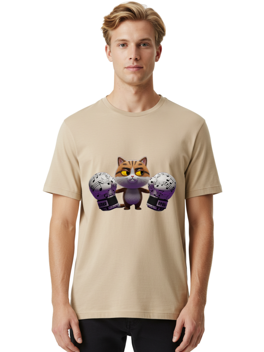 Cat-With-Boxing-Gloves Men'S Graphic Tee, 100% Cotton, Comfortable Casual Summer Wear, Machine Washable, Boxing Cat, Cartoon Style, Orange Tabby Cat, Musical Notes Gloves, Boxing Gloves, Cat With Gloves, Funny Cartoon, Opder Opponent, Bae403