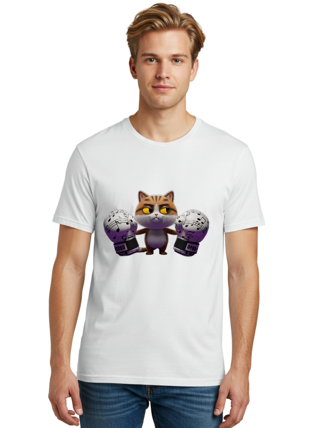 Cat-With-Boxing-Gloves Men'S Graphic Tee, 100% Cotton, Comfortable Casual Summer Wear, Machine Washable, Boxing Cat, Cartoon Style, Orange Tabby Cat, Musical Notes Gloves, Boxing Gloves, Cat With Gloves, Funny Cartoon, Opder Opponent, Bae403