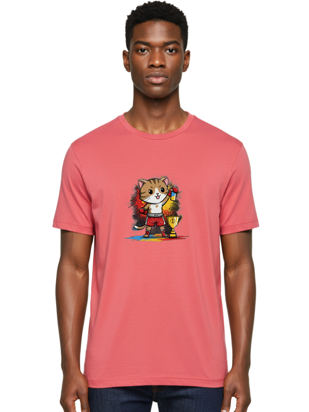 Cat-With-Trophy Men'S Graphic Tee, 100% Cotton, Comfortable Casual Summer Wear, Machine Washable, Cartoon Cat Boxer, Championship Trophy, Boxing Gloves, Champion Title, Victorious Pose, Confident Cat, Boxing Champion, Winner Cat Bae404