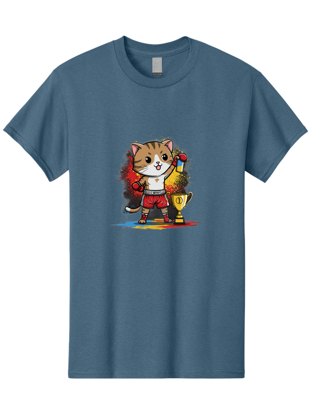 Cat-With-Trophy Men'S Graphic Tee, 100% Cotton, Comfortable Casual Summer Wear, Machine Washable, Cartoon Cat Boxer, Championship Trophy, Boxing Gloves, Champion Title, Victorious Pose, Confident Cat, Boxing Champion, Winner Cat Bae404