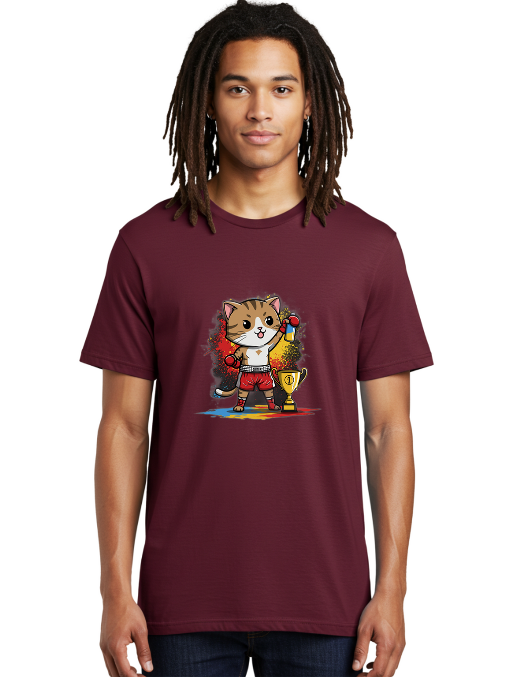 Cat-With-Trophy Men'S Graphic Tee, 100% Cotton, Comfortable Casual Summer Wear, Machine Washable, Cartoon Cat Boxer, Championship Trophy, Boxing Gloves, Champion Title, Victorious Pose, Confident Cat, Boxing Champion, Winner Cat Bae404