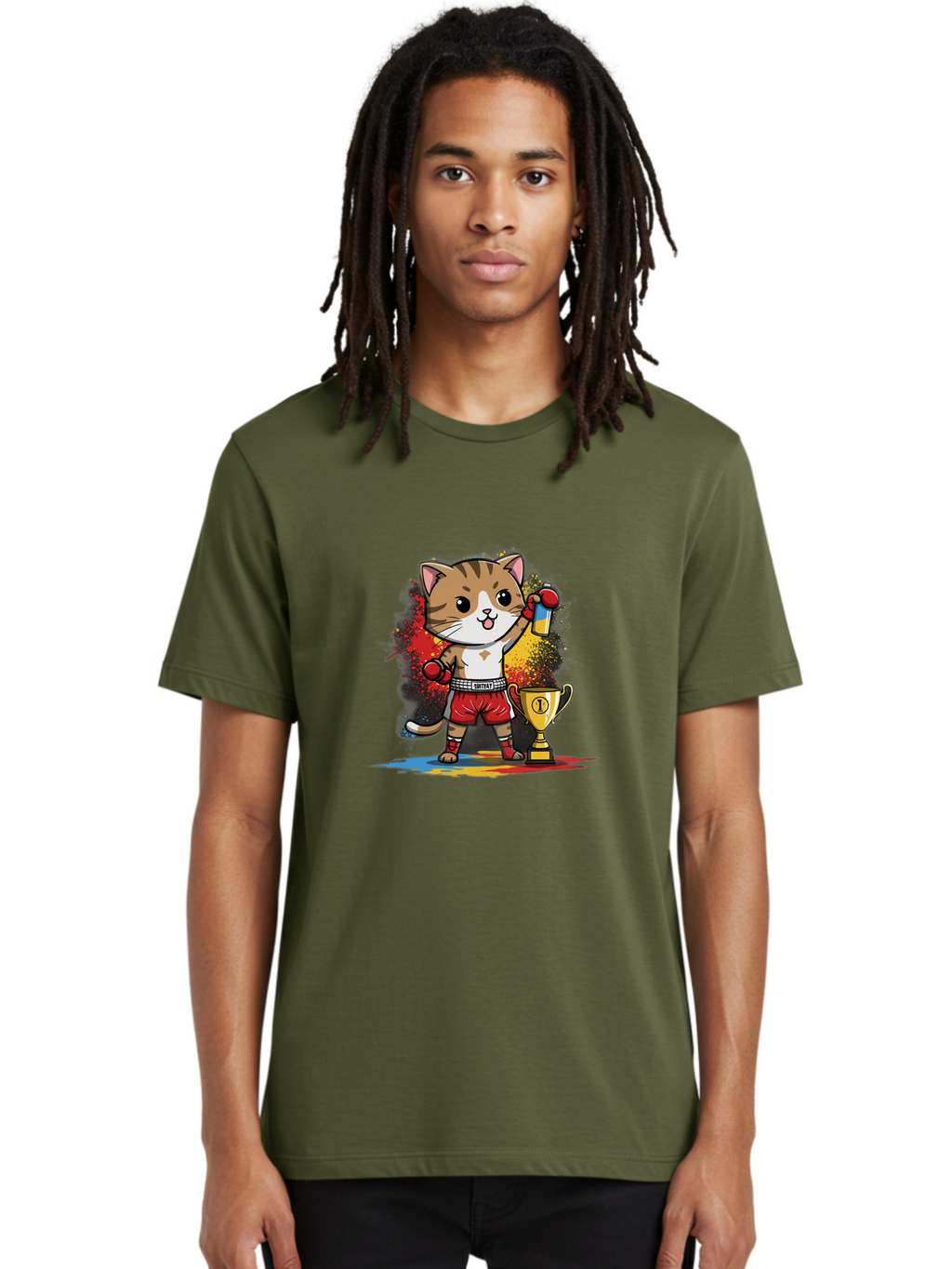 Cat-With-Trophy Men'S Graphic Tee, 100% Cotton, Comfortable Casual Summer Wear, Machine Washable, Cartoon Cat Boxer, Championship Trophy, Boxing Gloves, Champion Title, Victorious Pose, Confident Cat, Boxing Champion, Winner Cat Bae404
