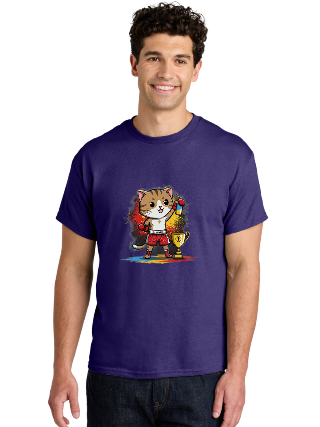 Cat-With-Trophy Men'S Graphic Tee, 100% Cotton, Comfortable Casual Summer Wear, Machine Washable, Cartoon Cat Boxer, Championship Trophy, Boxing Gloves, Champion Title, Victorious Pose, Confident Cat, Boxing Champion, Winner Cat Bae404