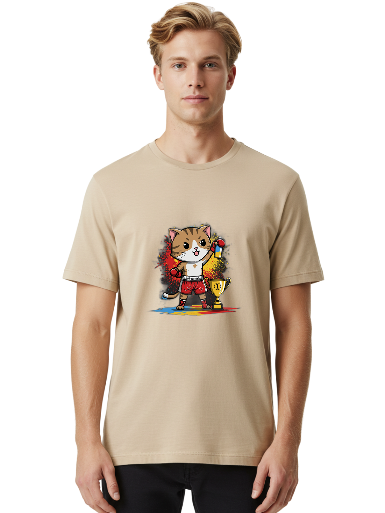 Cat-With-Trophy Men'S Graphic Tee, 100% Cotton, Comfortable Casual Summer Wear, Machine Washable, Cartoon Cat Boxer, Championship Trophy, Boxing Gloves, Champion Title, Victorious Pose, Confident Cat, Boxing Champion, Winner Cat Bae404