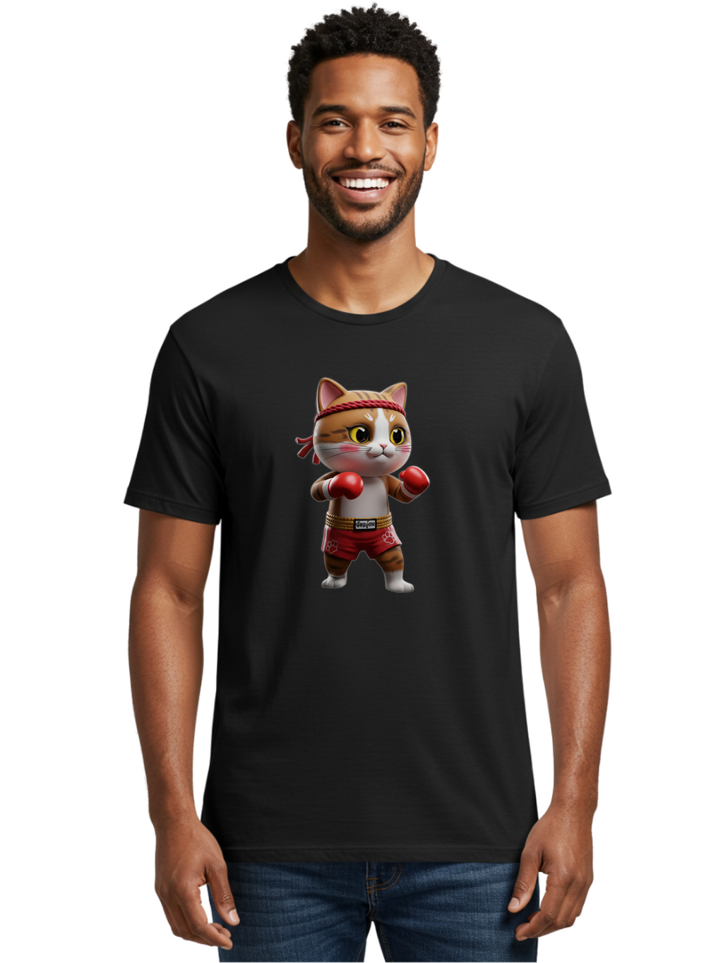 Caylin-Cat Men'S Graphic Tee, 100% Cotton, Comfortable Casual Summer Wear, Machine Washable, Cartoon Cat, Boxing Gloves, Red Shorts, Martial Arts, Adorable Animal, Cute Character, Toy Illustration, Fighting Stance, Red Headband, Bae405