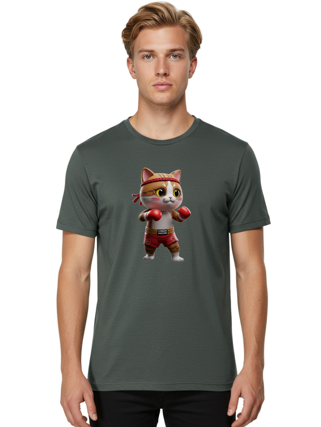 Caylin-Cat Men'S Graphic Tee, 100% Cotton, Comfortable Casual Summer Wear, Machine Washable, Cartoon Cat, Boxing Gloves, Red Shorts, Martial Arts, Adorable Animal, Cute Character, Toy Illustration, Fighting Stance, Red Headband, Bae405