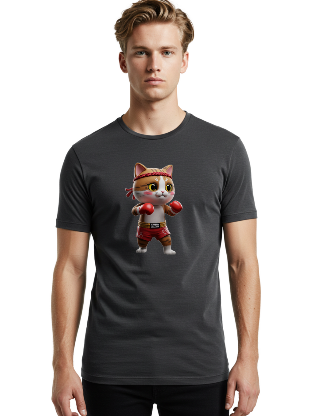 Caylin-Cat Men'S Graphic Tee, 100% Cotton, Comfortable Casual Summer Wear, Machine Washable, Cartoon Cat, Boxing Gloves, Red Shorts, Martial Arts, Adorable Animal, Cute Character, Toy Illustration, Fighting Stance, Red Headband, Bae405