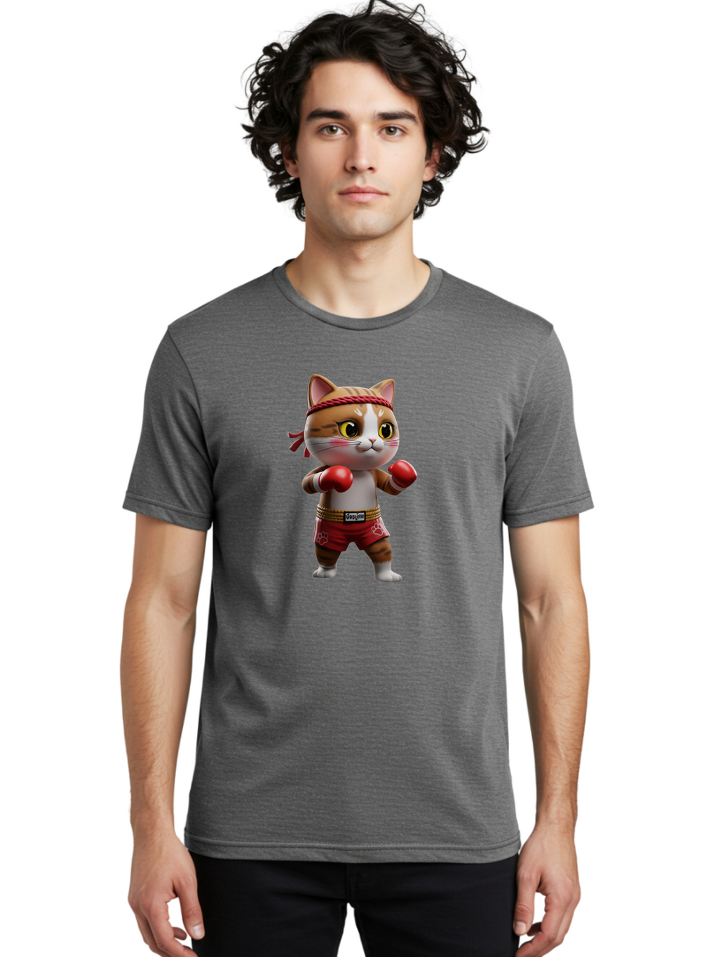 Caylin-Cat Men'S Graphic Tee, 100% Cotton, Comfortable Casual Summer Wear, Machine Washable, Cartoon Cat, Boxing Gloves, Red Shorts, Martial Arts, Adorable Animal, Cute Character, Toy Illustration, Fighting Stance, Red Headband, Bae405