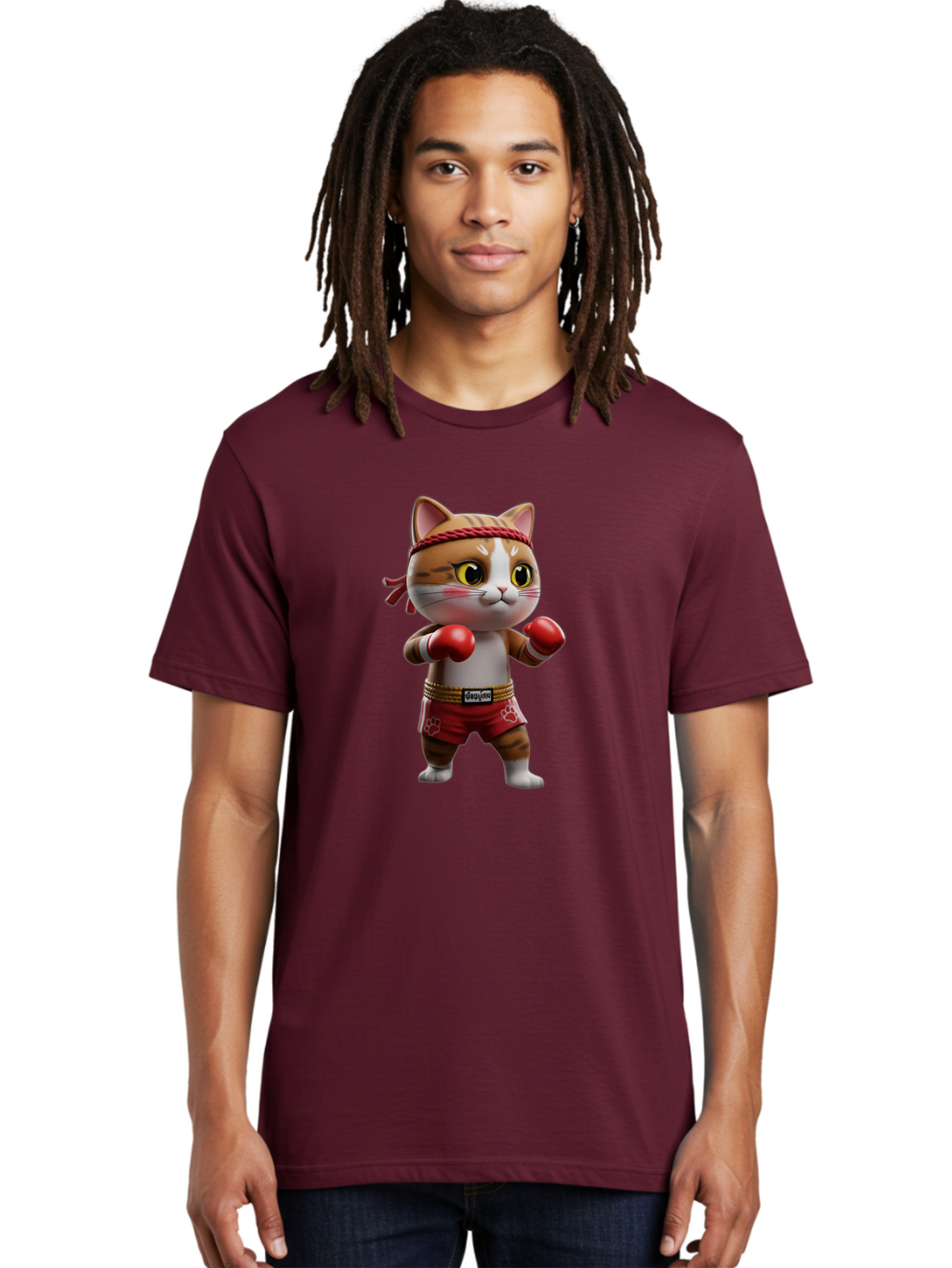 Caylin-Cat Men'S Graphic Tee, 100% Cotton, Comfortable Casual Summer Wear, Machine Washable, Cartoon Cat, Boxing Gloves, Red Shorts, Martial Arts, Adorable Animal, Cute Character, Toy Illustration, Fighting Stance, Red Headband, Bae405