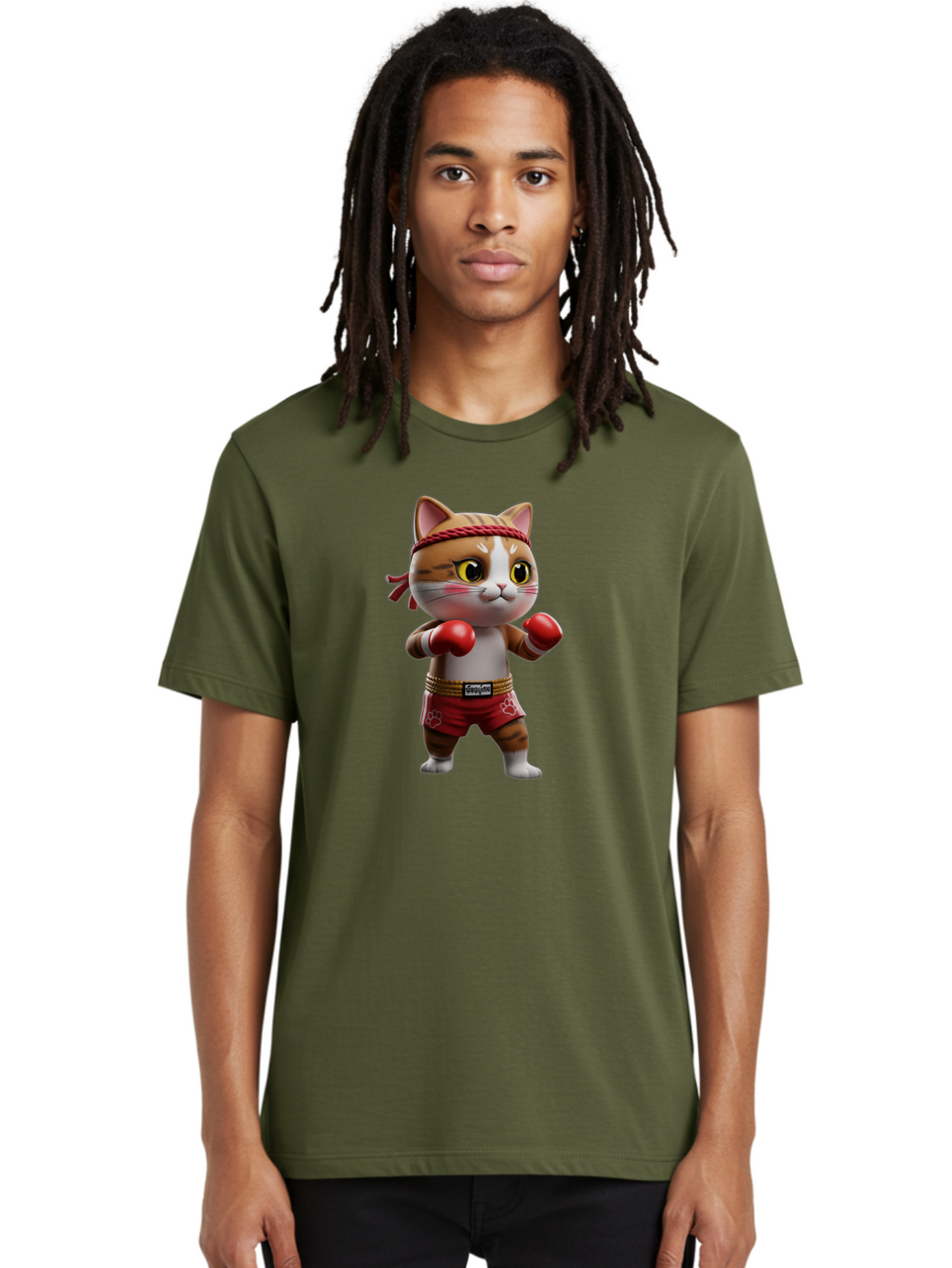 Caylin-Cat Men'S Graphic Tee, 100% Cotton, Comfortable Casual Summer Wear, Machine Washable, Cartoon Cat, Boxing Gloves, Red Shorts, Martial Arts, Adorable Animal, Cute Character, Toy Illustration, Fighting Stance, Red Headband, Bae405