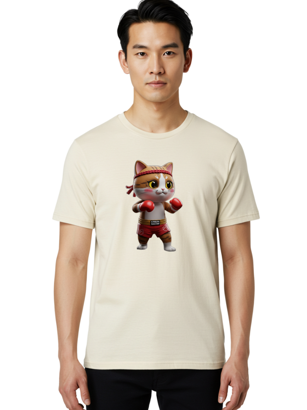 Caylin-Cat Men'S Graphic Tee, 100% Cotton, Comfortable Casual Summer Wear, Machine Washable, Cartoon Cat, Boxing Gloves, Red Shorts, Martial Arts, Adorable Animal, Cute Character, Toy Illustration, Fighting Stance, Red Headband, Bae405