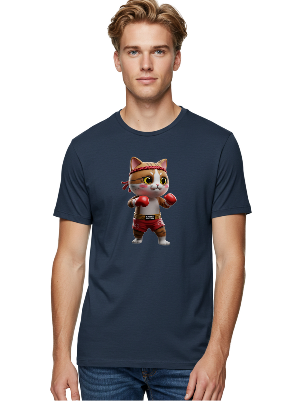Caylin-Cat Men'S Graphic Tee, 100% Cotton, Comfortable Casual Summer Wear, Machine Washable, Cartoon Cat, Boxing Gloves, Red Shorts, Martial Arts, Adorable Animal, Cute Character, Toy Illustration, Fighting Stance, Red Headband, Bae405