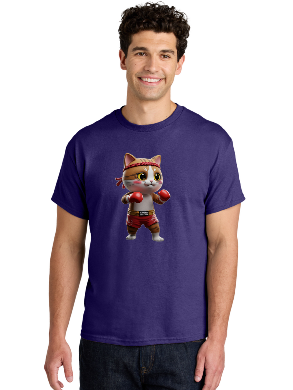 Caylin-Cat Men'S Graphic Tee, 100% Cotton, Comfortable Casual Summer Wear, Machine Washable, Cartoon Cat, Boxing Gloves, Red Shorts, Martial Arts, Adorable Animal, Cute Character, Toy Illustration, Fighting Stance, Red Headband, Bae405