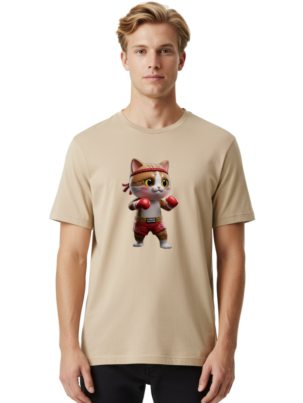 Caylin-Cat Men'S Graphic Tee, 100% Cotton, Comfortable Casual Summer Wear, Machine Washable, Cartoon Cat, Boxing Gloves, Red Shorts, Martial Arts, Adorable Animal, Cute Character, Toy Illustration, Fighting Stance, Red Headband, Bae405