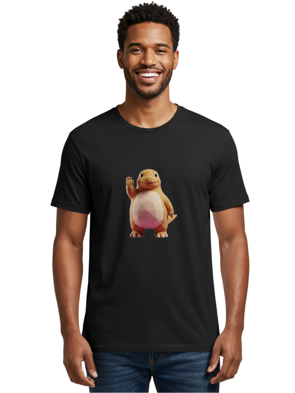 Charmander Men'S Graphic Tee, 100% Cotton, Comfortable Casual Summer Wear, Machine Washable, Charmander, Pokémon Character, Cartoon Lizard, Low-Poly 3D Model, Orange And White Colors, Friendly Gesture, Digital Illustration, Gaming Icon Bae406