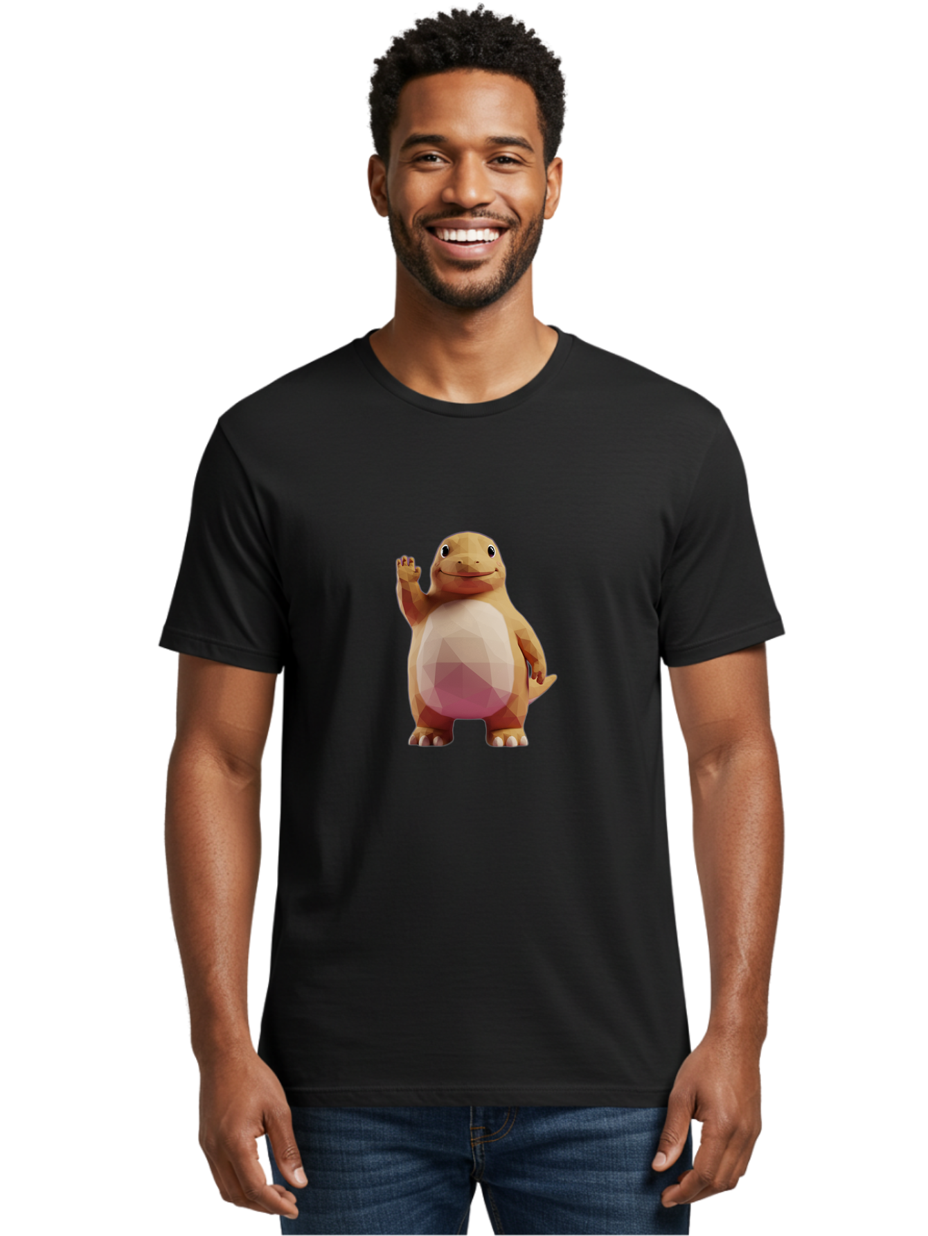 Charmander Men'S Graphic Tee, 100% Cotton, Comfortable Casual Summer Wear, Machine Washable, Charmander, Pokémon Character, Cartoon Lizard, Low-Poly 3D Model, Orange And White Colors, Friendly Gesture, Digital Illustration, Gaming Icon Bae406