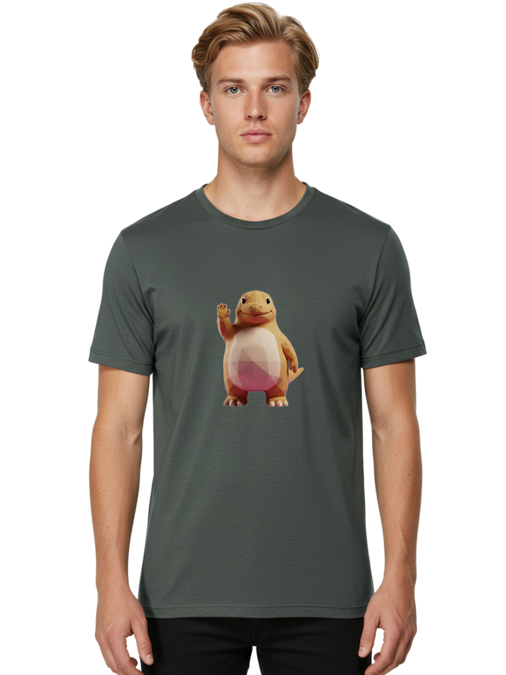 Charmander Men'S Graphic Tee, 100% Cotton, Comfortable Casual Summer Wear, Machine Washable, Charmander, Pokémon Character, Cartoon Lizard, Low-Poly 3D Model, Orange And White Colors, Friendly Gesture, Digital Illustration, Gaming Icon Bae406