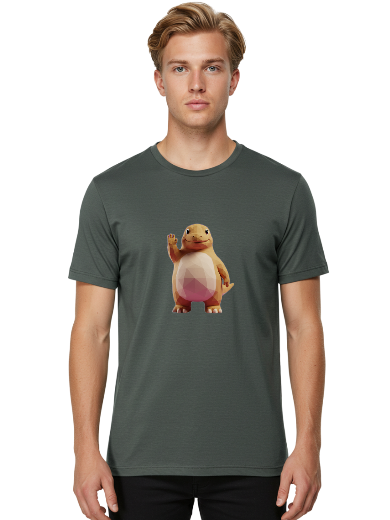 Charmander Men'S Graphic Tee, 100% Cotton, Comfortable Casual Summer Wear, Machine Washable, Charmander, Pokémon Character, Cartoon Lizard, Low-Poly 3D Model, Orange And White Colors, Friendly Gesture, Digital Illustration, Gaming Icon Bae406