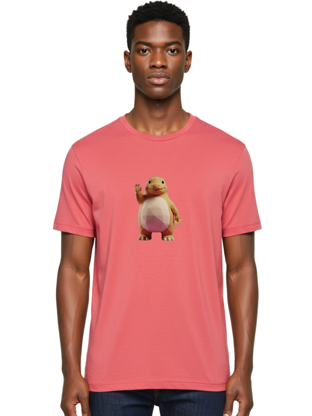 Charmander Men'S Graphic Tee, 100% Cotton, Comfortable Casual Summer Wear, Machine Washable, Charmander, Pokémon Character, Cartoon Lizard, Low-Poly 3D Model, Orange And White Colors, Friendly Gesture, Digital Illustration, Gaming Icon Bae406