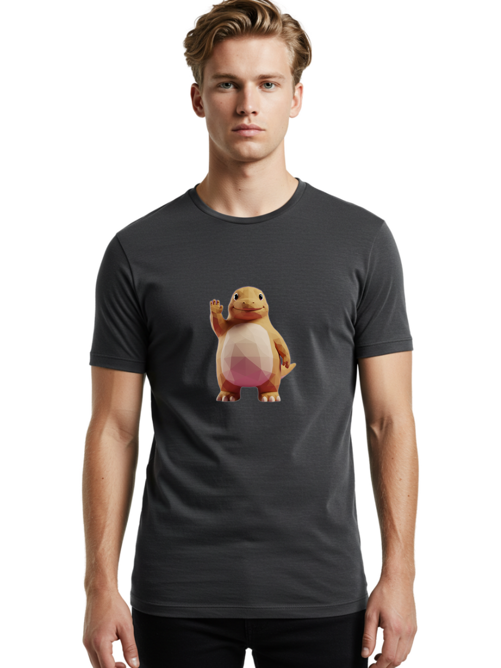 Charmander Men'S Graphic Tee, 100% Cotton, Comfortable Casual Summer Wear, Machine Washable, Charmander, Pokémon Character, Cartoon Lizard, Low-Poly 3D Model, Orange And White Colors, Friendly Gesture, Digital Illustration, Gaming Icon Bae406