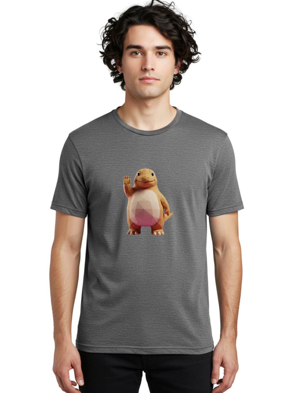 Charmander Men'S Graphic Tee, 100% Cotton, Comfortable Casual Summer Wear, Machine Washable, Charmander, Pokémon Character, Cartoon Lizard, Low-Poly 3D Model, Orange And White Colors, Friendly Gesture, Digital Illustration, Gaming Icon Bae406