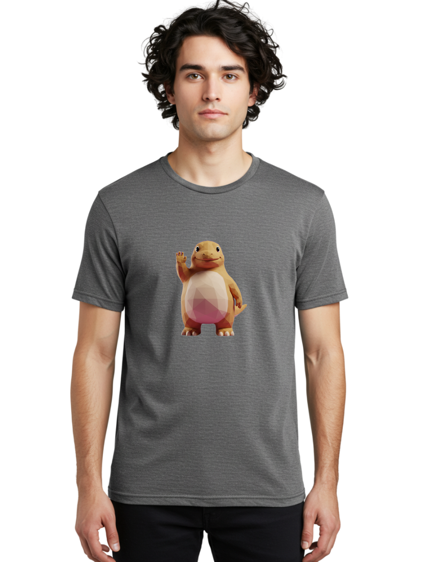 Charmander Men'S Graphic Tee, 100% Cotton, Comfortable Casual Summer Wear, Machine Washable, Charmander, Pokémon Character, Cartoon Lizard, Low-Poly 3D Model, Orange And White Colors, Friendly Gesture, Digital Illustration, Gaming Icon Bae406