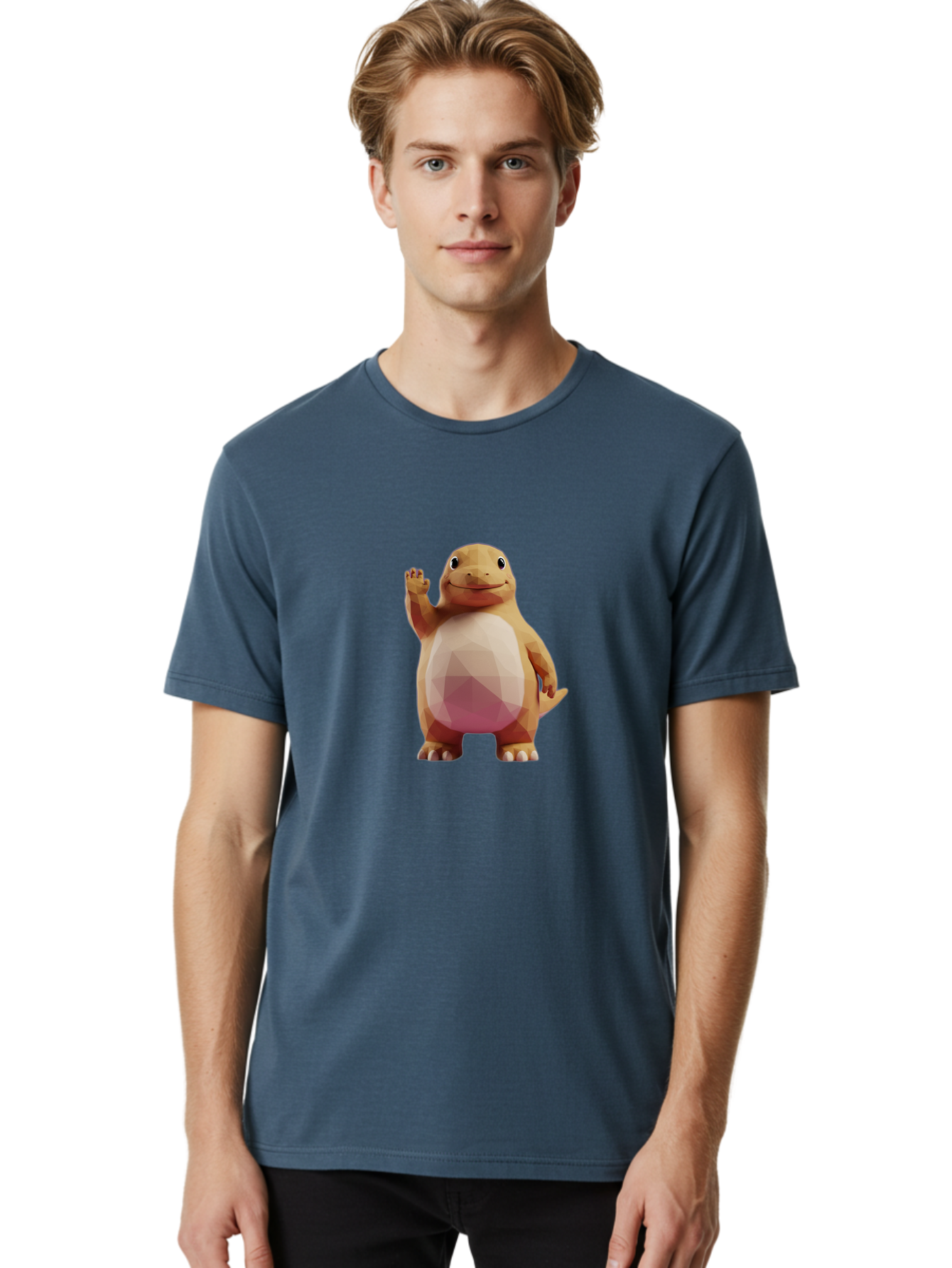 Charmander Men'S Graphic Tee, 100% Cotton, Comfortable Casual Summer Wear, Machine Washable, Charmander, Pokémon Character, Cartoon Lizard, Low-Poly 3D Model, Orange And White Colors, Friendly Gesture, Digital Illustration, Gaming Icon Bae406