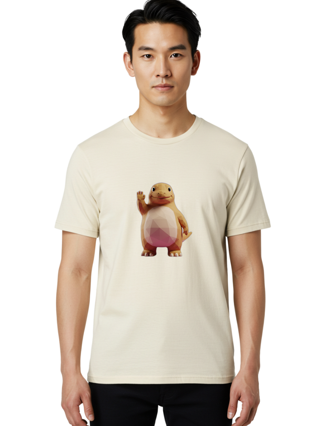 Charmander Men'S Graphic Tee, 100% Cotton, Comfortable Casual Summer Wear, Machine Washable, Charmander, Pokémon Character, Cartoon Lizard, Low-Poly 3D Model, Orange And White Colors, Friendly Gesture, Digital Illustration, Gaming Icon Bae406