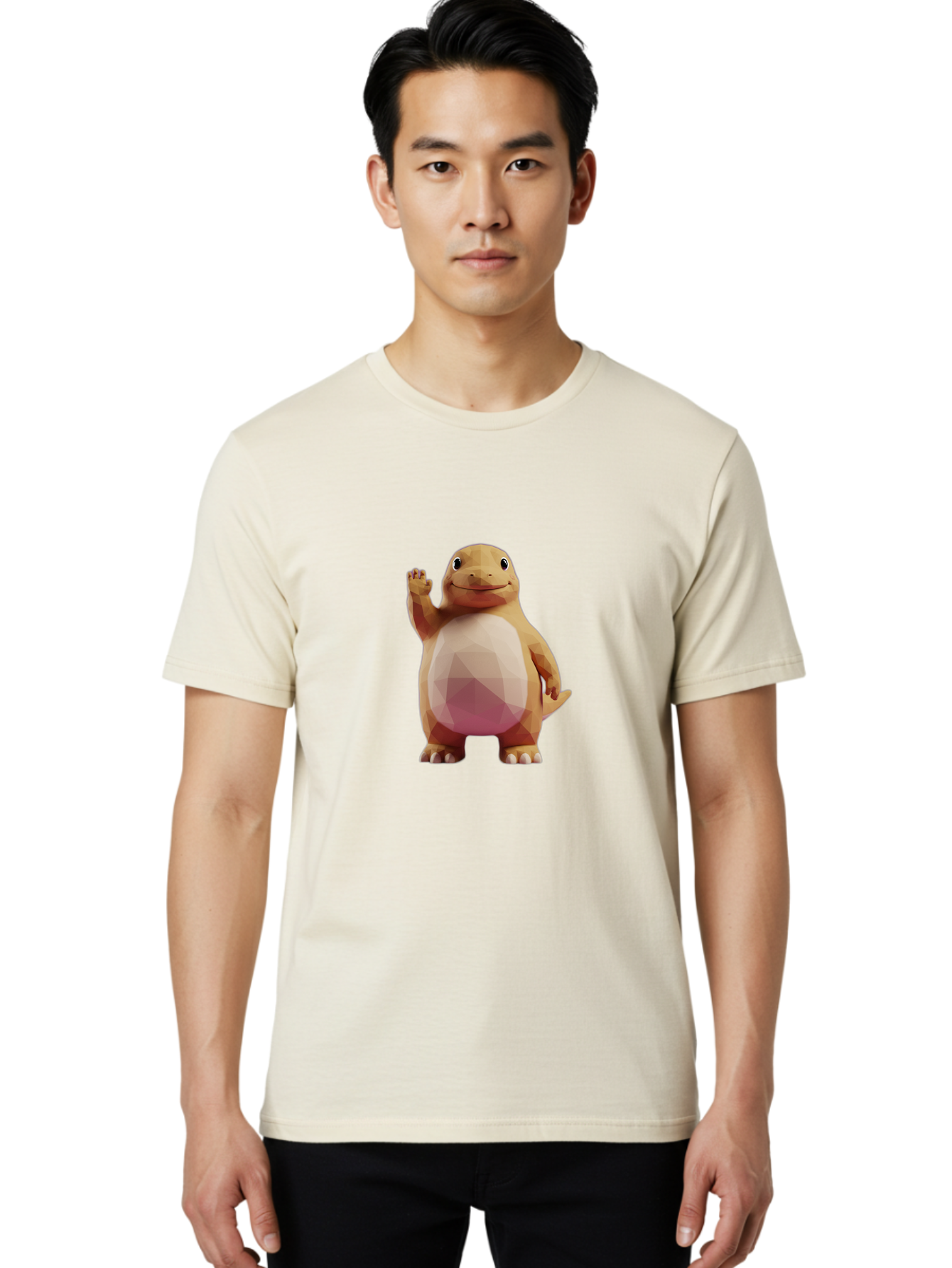 Charmander Men'S Graphic Tee, 100% Cotton, Comfortable Casual Summer Wear, Machine Washable, Charmander, Pokémon Character, Cartoon Lizard, Low-Poly 3D Model, Orange And White Colors, Friendly Gesture, Digital Illustration, Gaming Icon Bae406