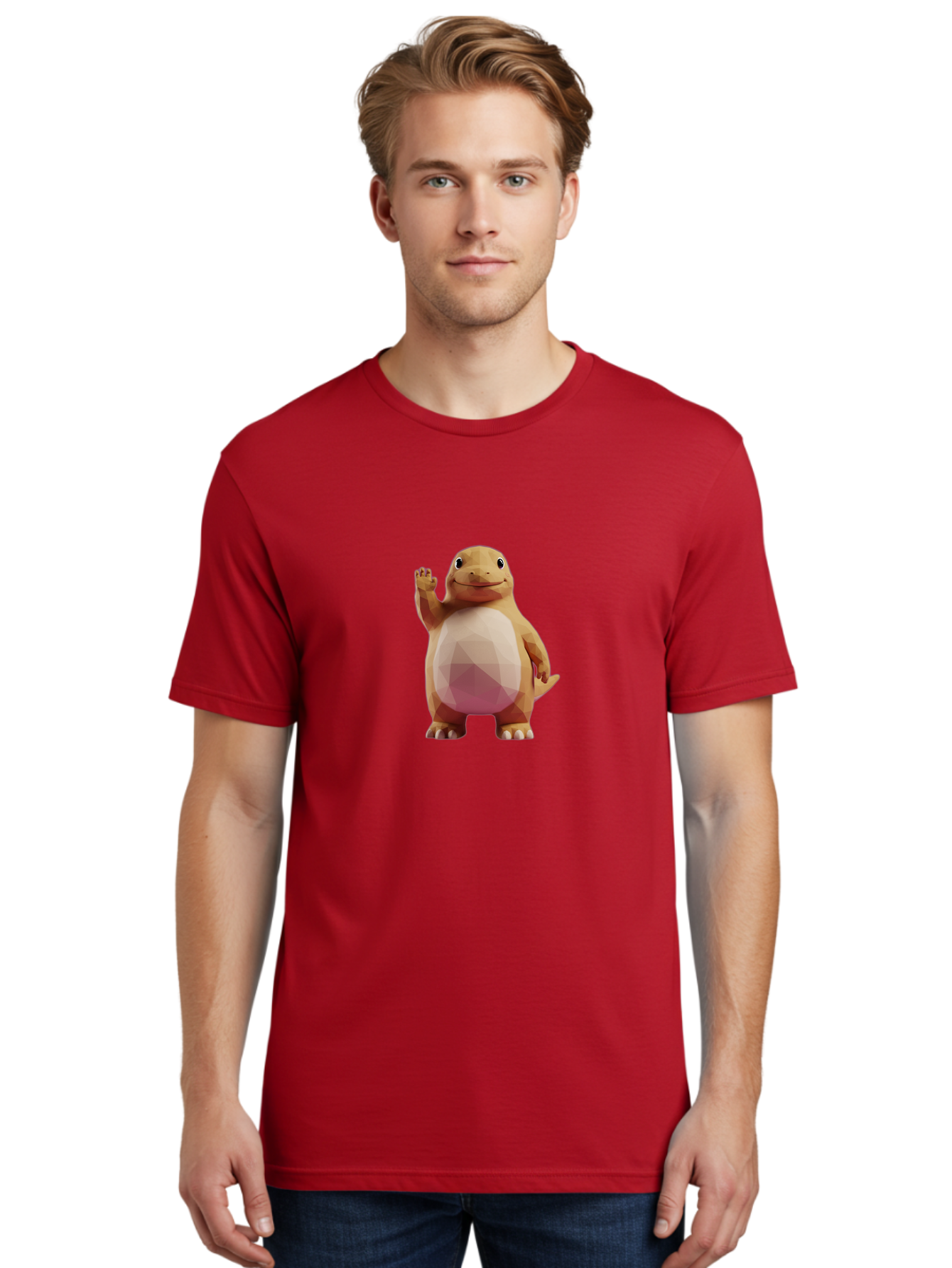 Charmander Men'S Graphic Tee, 100% Cotton, Comfortable Casual Summer Wear, Machine Washable, Charmander, Pokémon Character, Cartoon Lizard, Low-Poly 3D Model, Orange And White Colors, Friendly Gesture, Digital Illustration, Gaming Icon Bae406