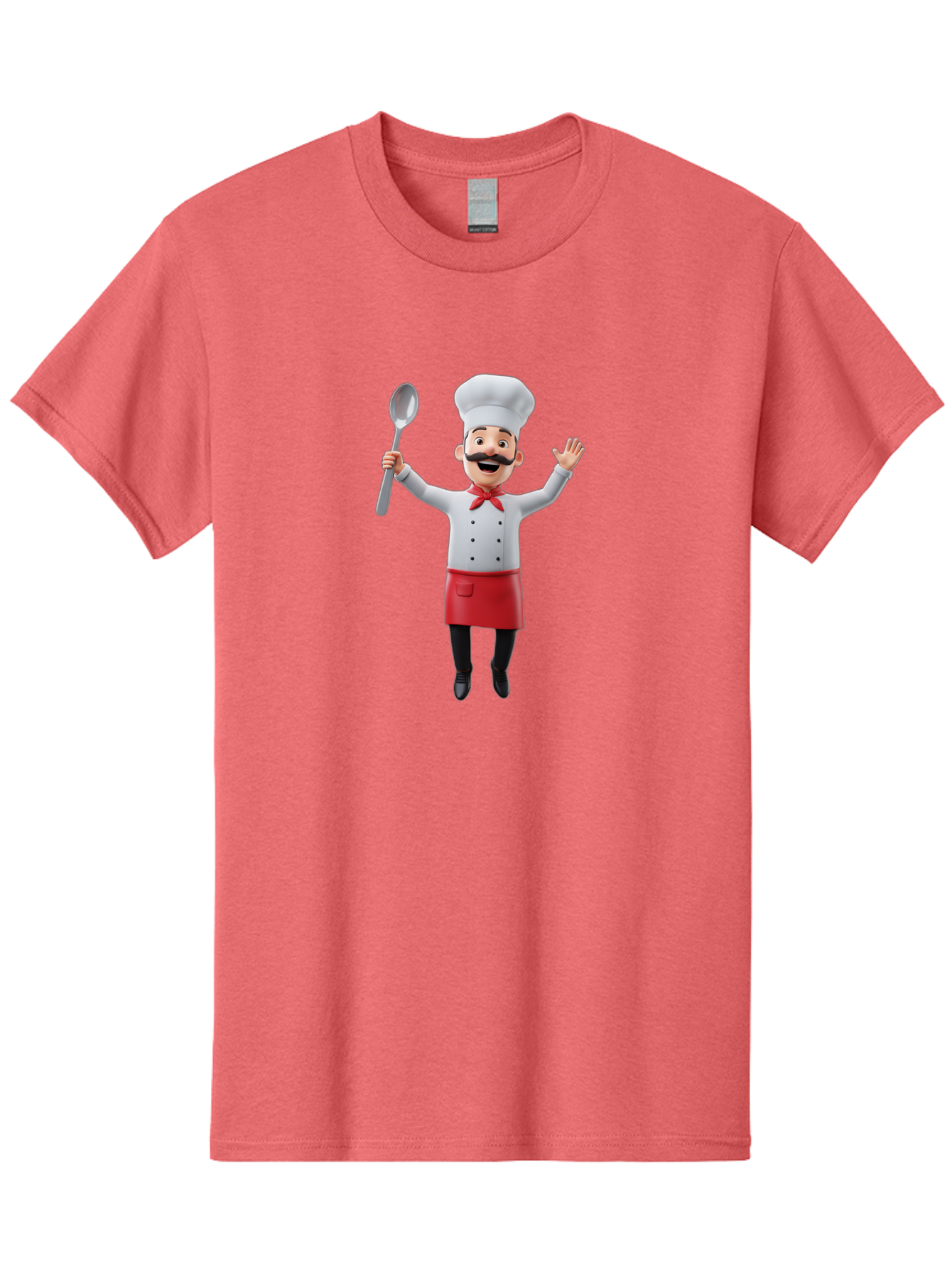 Chef-Character Men'S Graphic Tee, 100% Cotton, Comfortable Casual Summer Wear, Machine Washable, Cartoon Chef, White Hat, Red Apron, White Jacket, Metal Ladle, Welcoming Gesture, Chef Attire, Culinary Art, Kitchen Staff, Cooking Enthusiast, Bae407