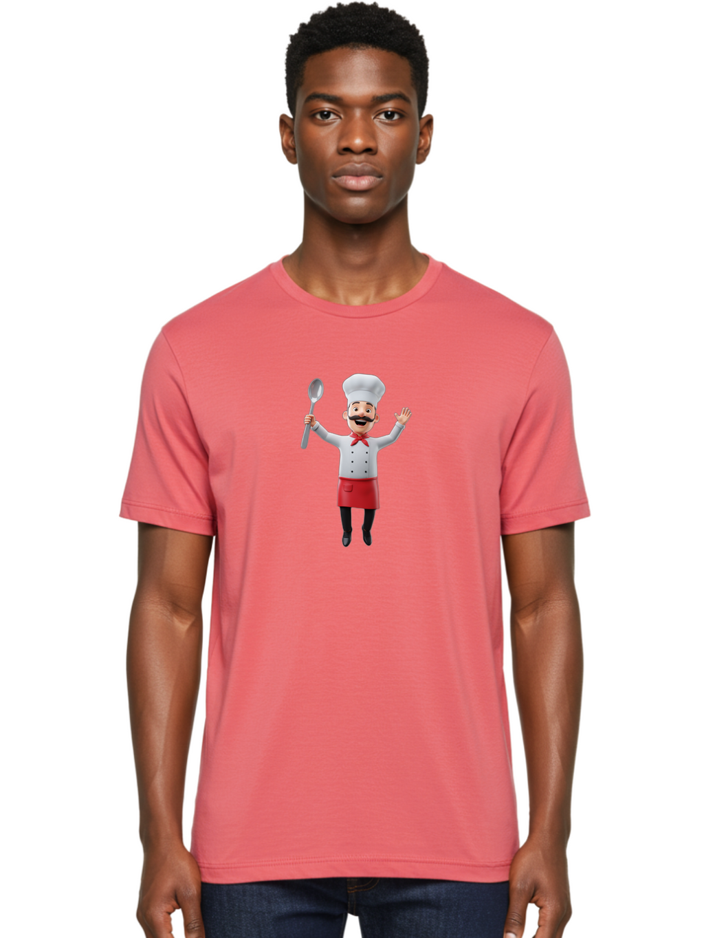 Chef-Character Men'S Graphic Tee, 100% Cotton, Comfortable Casual Summer Wear, Machine Washable, Cartoon Chef, White Hat, Red Apron, White Jacket, Metal Ladle, Welcoming Gesture, Chef Attire, Culinary Art, Kitchen Staff, Cooking Enthusiast, Bae407