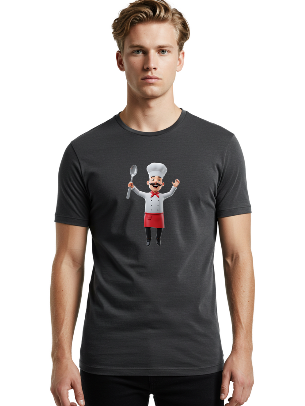 Chef-Character Men'S Graphic Tee, 100% Cotton, Comfortable Casual Summer Wear, Machine Washable, Cartoon Chef, White Hat, Red Apron, White Jacket, Metal Ladle, Welcoming Gesture, Chef Attire, Culinary Art, Kitchen Staff, Cooking Enthusiast, Bae407