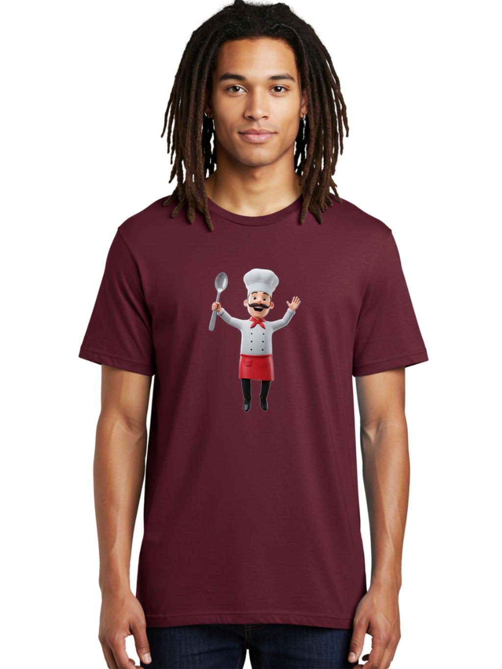 Chef-Character Men'S Graphic Tee, 100% Cotton, Comfortable Casual Summer Wear, Machine Washable, Cartoon Chef, White Hat, Red Apron, White Jacket, Metal Ladle, Welcoming Gesture, Chef Attire, Culinary Art, Kitchen Staff, Cooking Enthusiast, Bae407