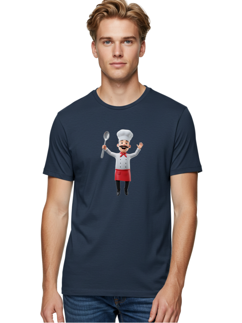 Chef-Character Men'S Graphic Tee, 100% Cotton, Comfortable Casual Summer Wear, Machine Washable, Cartoon Chef, White Hat, Red Apron, White Jacket, Metal Ladle, Welcoming Gesture, Chef Attire, Culinary Art, Kitchen Staff, Cooking Enthusiast, Bae407