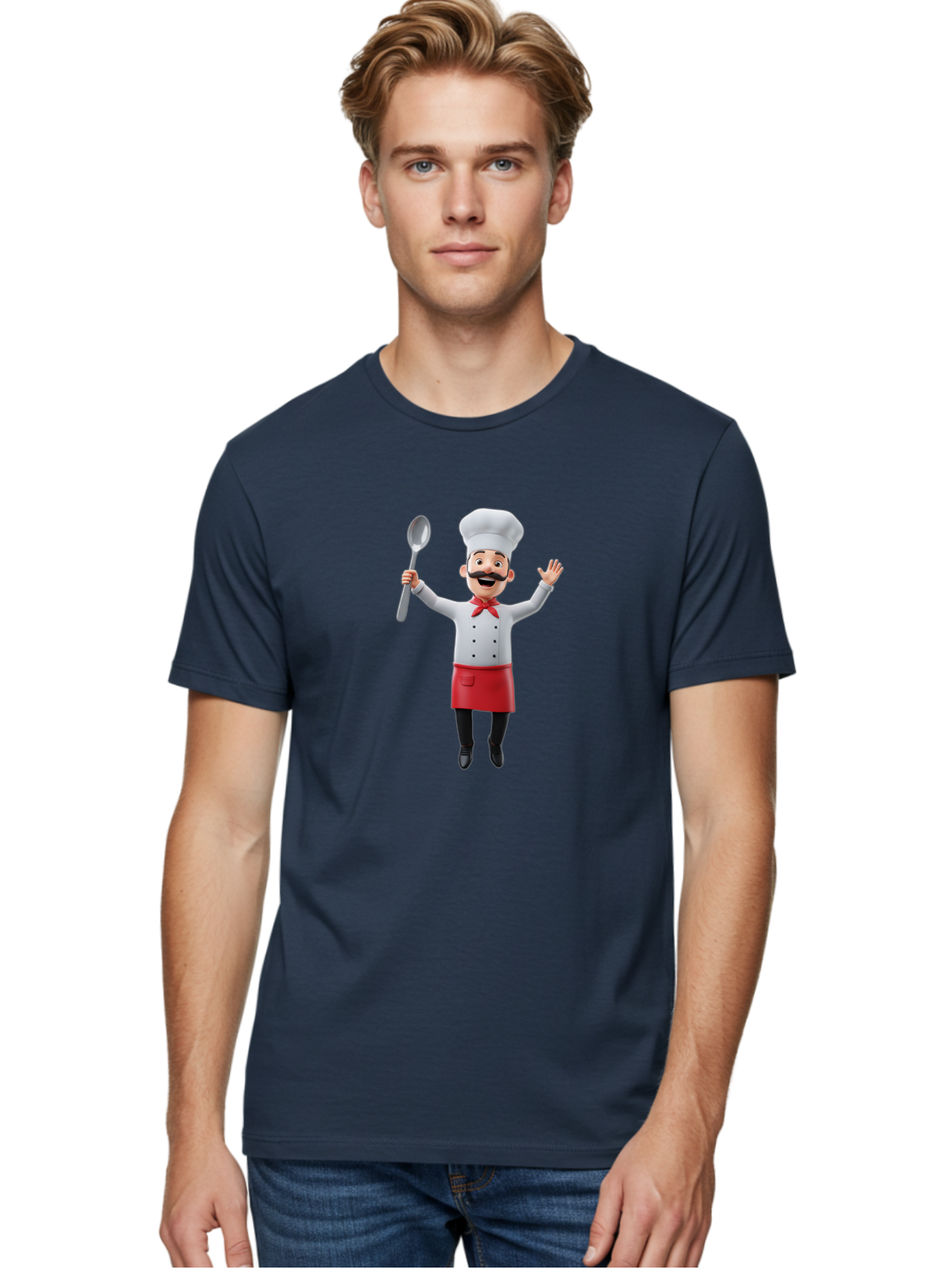 Chef-Character Men'S Graphic Tee, 100% Cotton, Comfortable Casual Summer Wear, Machine Washable, Cartoon Chef, White Hat, Red Apron, White Jacket, Metal Ladle, Welcoming Gesture, Chef Attire, Culinary Art, Kitchen Staff, Cooking Enthusiast, Bae407