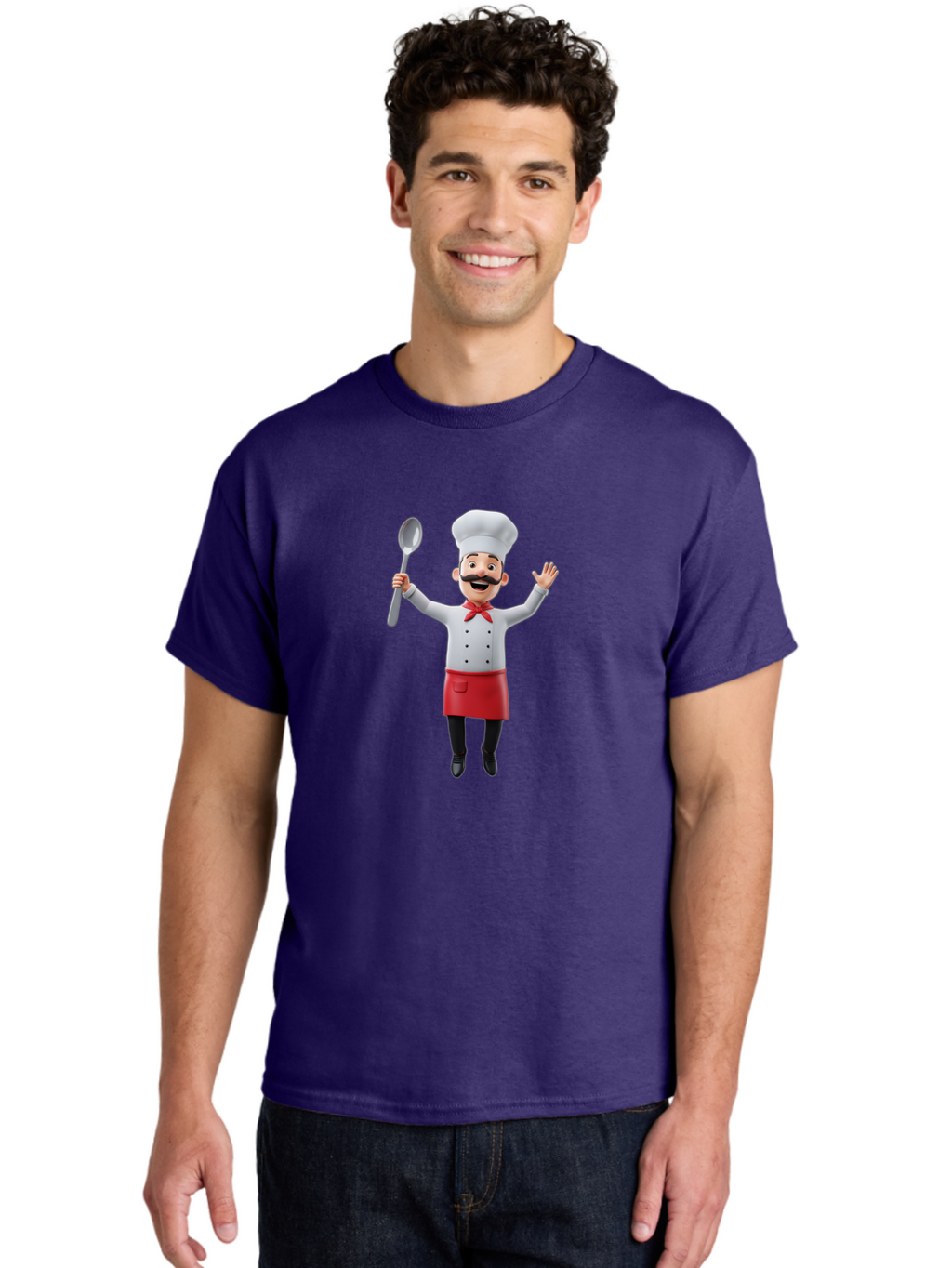 Chef-Character Men'S Graphic Tee, 100% Cotton, Comfortable Casual Summer Wear, Machine Washable, Cartoon Chef, White Hat, Red Apron, White Jacket, Metal Ladle, Welcoming Gesture, Chef Attire, Culinary Art, Kitchen Staff, Cooking Enthusiast, Bae407
