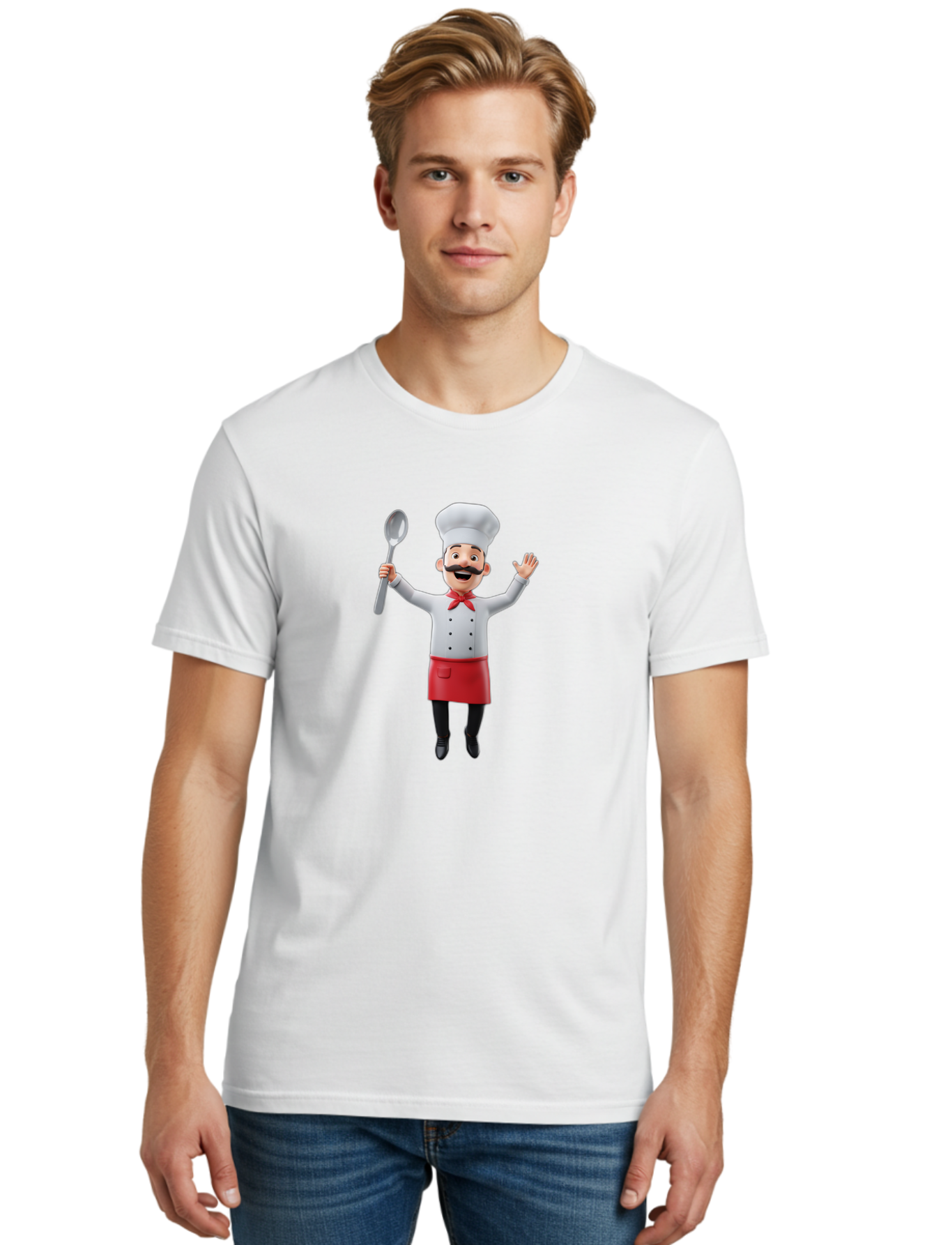 Chef-Character Men'S Graphic Tee, 100% Cotton, Comfortable Casual Summer Wear, Machine Washable, Cartoon Chef, White Hat, Red Apron, White Jacket, Metal Ladle, Welcoming Gesture, Chef Attire, Culinary Art, Kitchen Staff, Cooking Enthusiast, Bae407