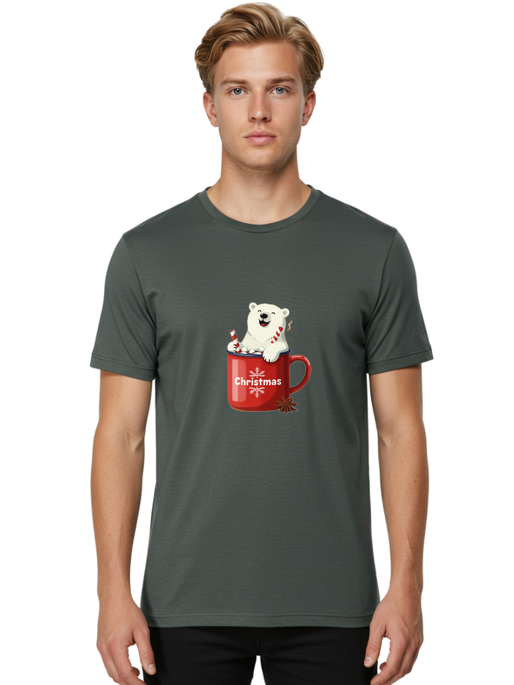Christmas-Mug Men'S Graphic Tee, 100% Cotton, Comfortable Casual Summer Wear, Machine Washable, Polar Bear In Red Mug, Christmas Theme, Festive Decorations, Candy Cane, Marshmallows, Snowflake Design, Holiday Cheer, Winter Wonderland, Bae408