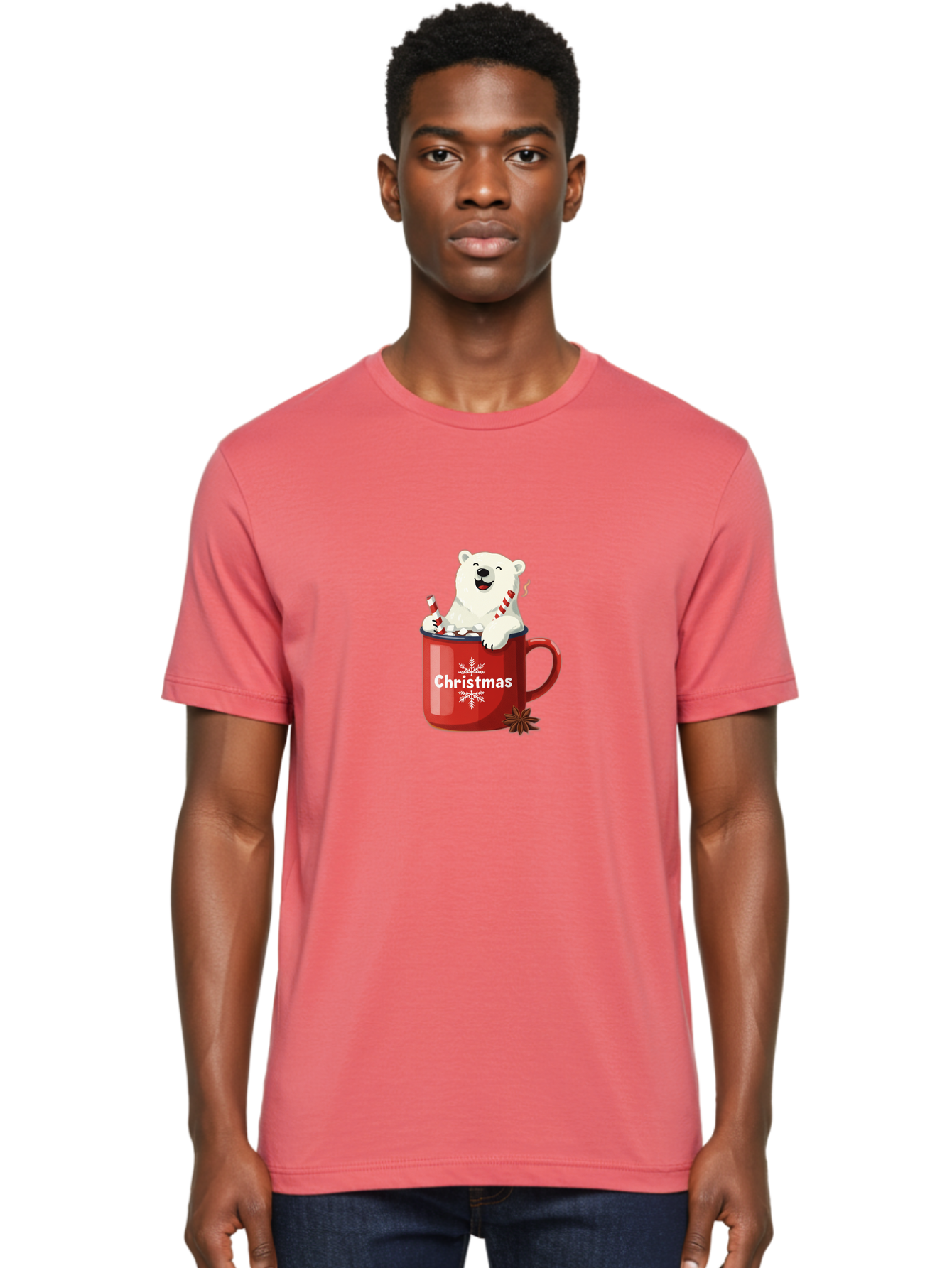Christmas-Mug Men'S Graphic Tee, 100% Cotton, Comfortable Casual Summer Wear, Machine Washable, Polar Bear In Red Mug, Christmas Theme, Festive Decorations, Candy Cane, Marshmallows, Snowflake Design, Holiday Cheer, Winter Wonderland, Bae408