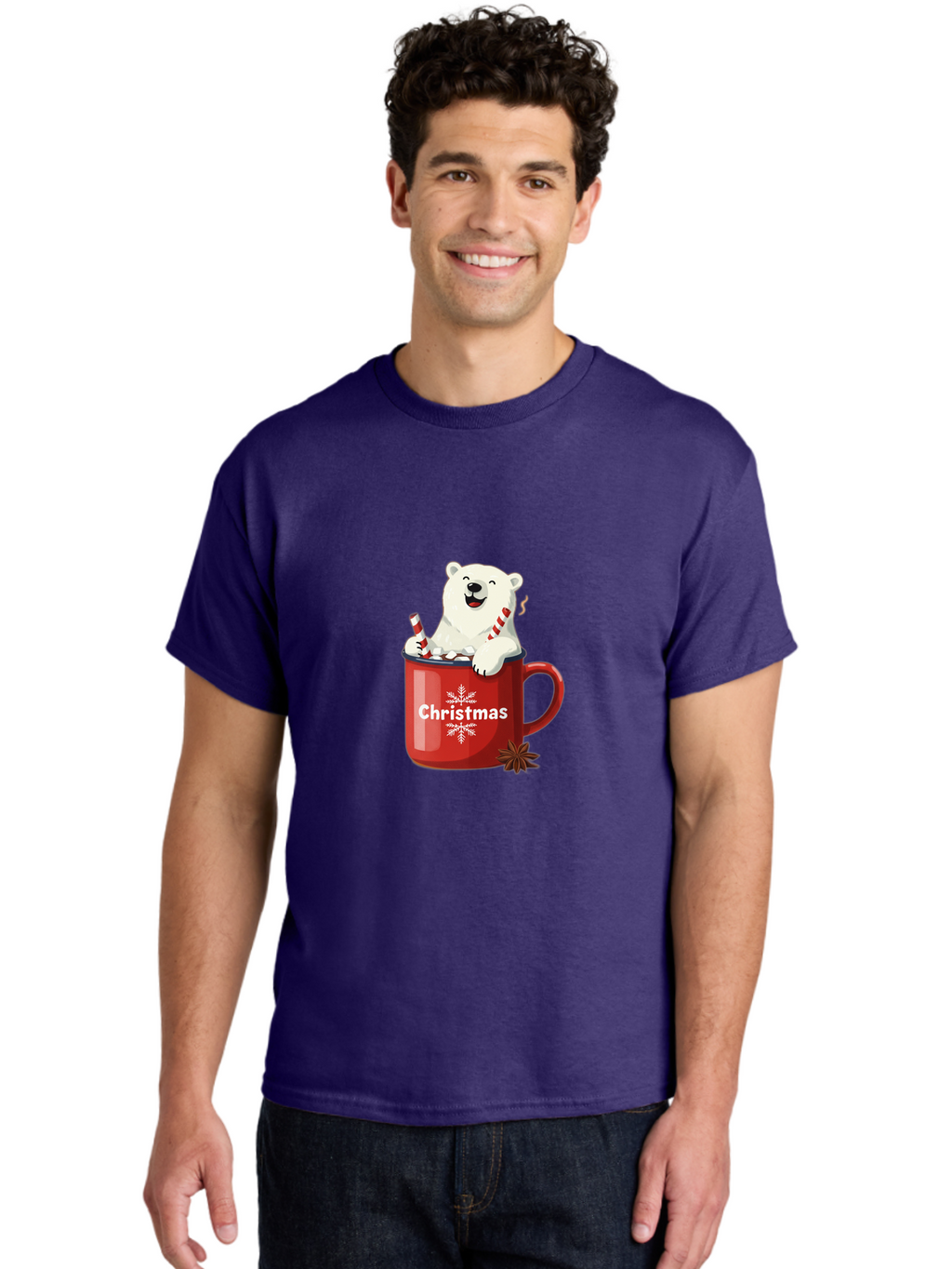 Christmas-Mug Men'S Graphic Tee, 100% Cotton, Comfortable Casual Summer Wear, Machine Washable, Polar Bear In Red Mug, Christmas Theme, Festive Decorations, Candy Cane, Marshmallows, Snowflake Design, Holiday Cheer, Winter Wonderland, Bae408