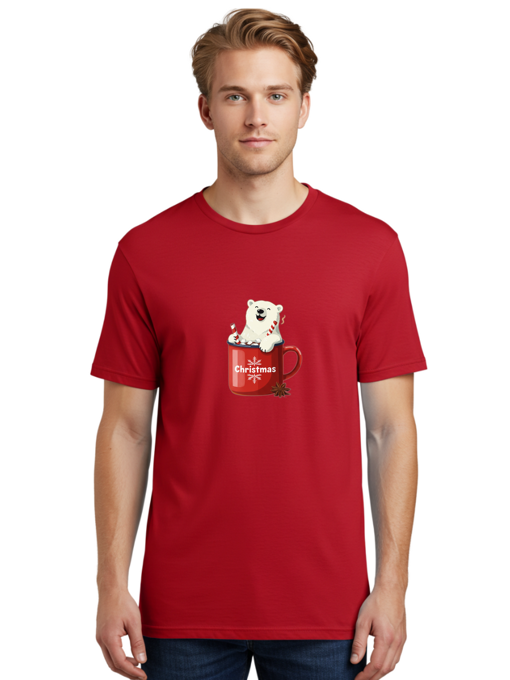 Christmas-Mug Men'S Graphic Tee, 100% Cotton, Comfortable Casual Summer Wear, Machine Washable, Polar Bear In Red Mug, Christmas Theme, Festive Decorations, Candy Cane, Marshmallows, Snowflake Design, Holiday Cheer, Winter Wonderland, Bae408