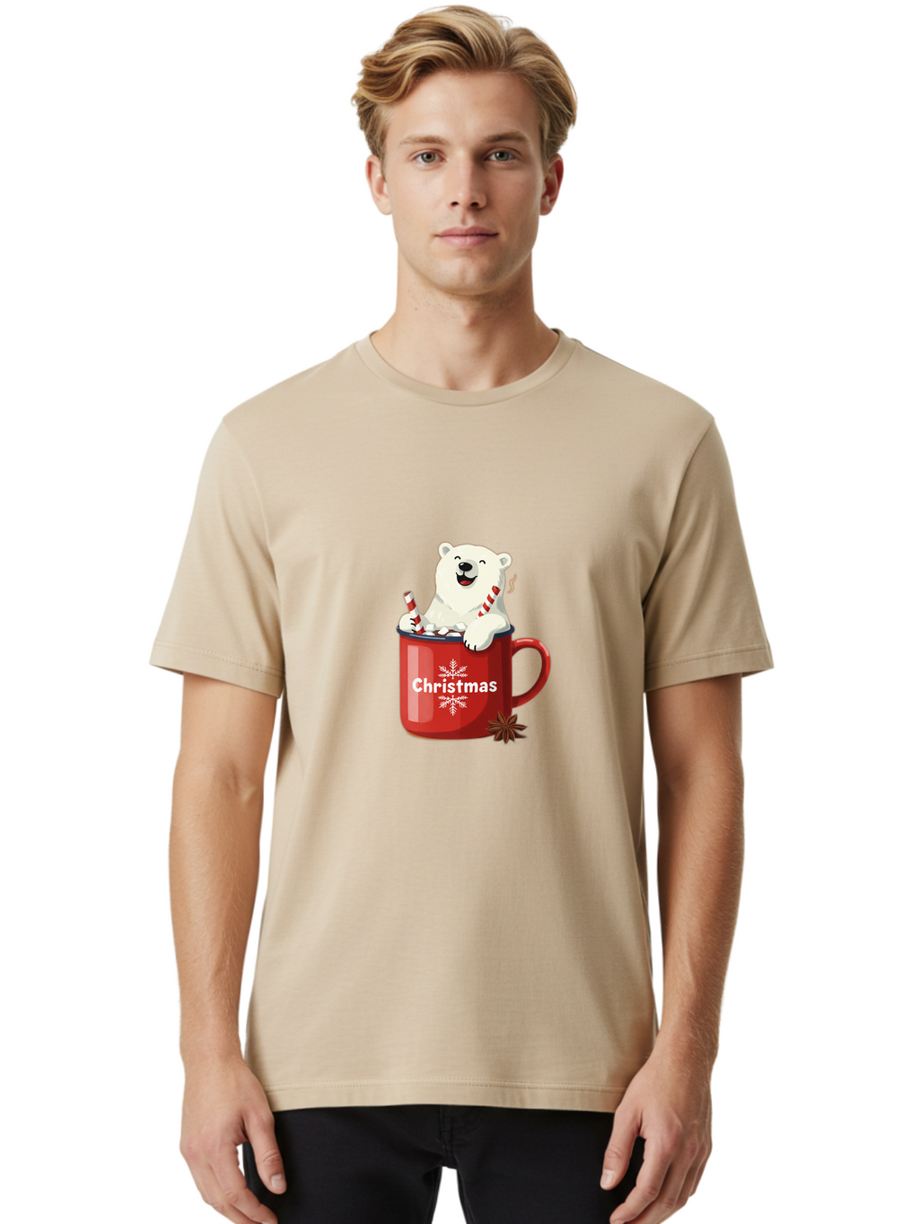Christmas-Mug Men'S Graphic Tee, 100% Cotton, Comfortable Casual Summer Wear, Machine Washable, Polar Bear In Red Mug, Christmas Theme, Festive Decorations, Candy Cane, Marshmallows, Snowflake Design, Holiday Cheer, Winter Wonderland, Bae408